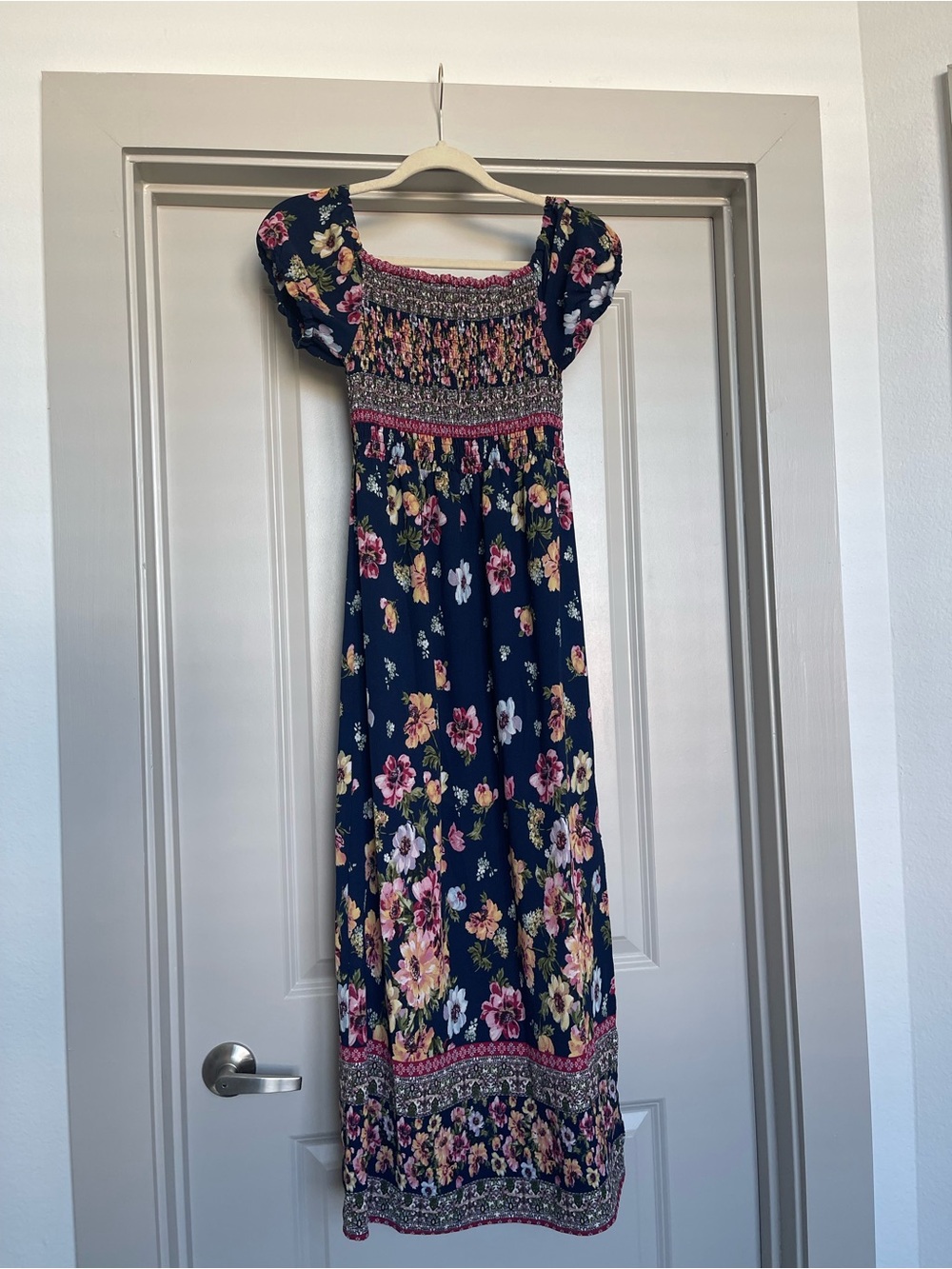 Navy Floral Smocked Maxi Dress with Puff Sleeves